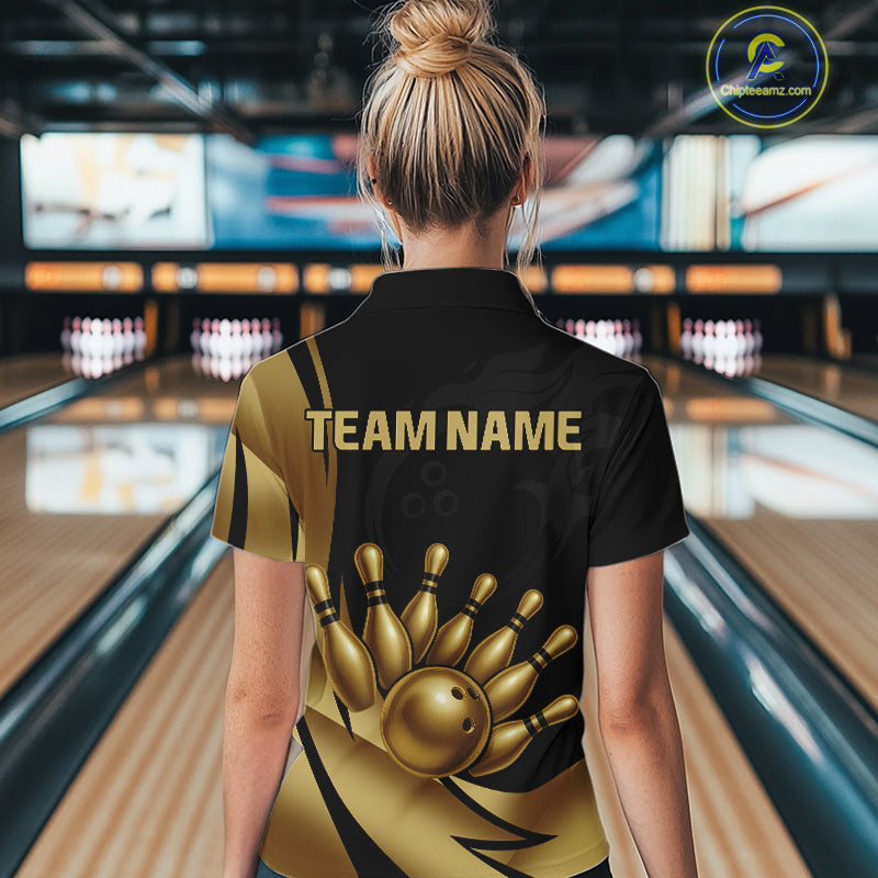 Black and Gold Women Bowling Polo, Quarter Zip Shirts Custom Team Bowling League Jersey NQS10079
