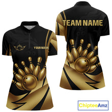 Load image into Gallery viewer, Black and Gold Women Bowling Polo, Quarter Zip Shirts Custom Team Bowling League Jersey NQS10079