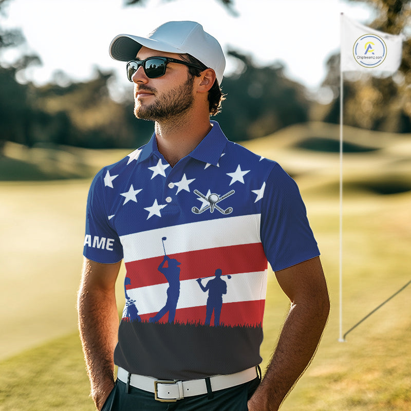 American Flag golf polo shirts for men Custom Red, White and Blue Patriotic mens golf attire NQS10230