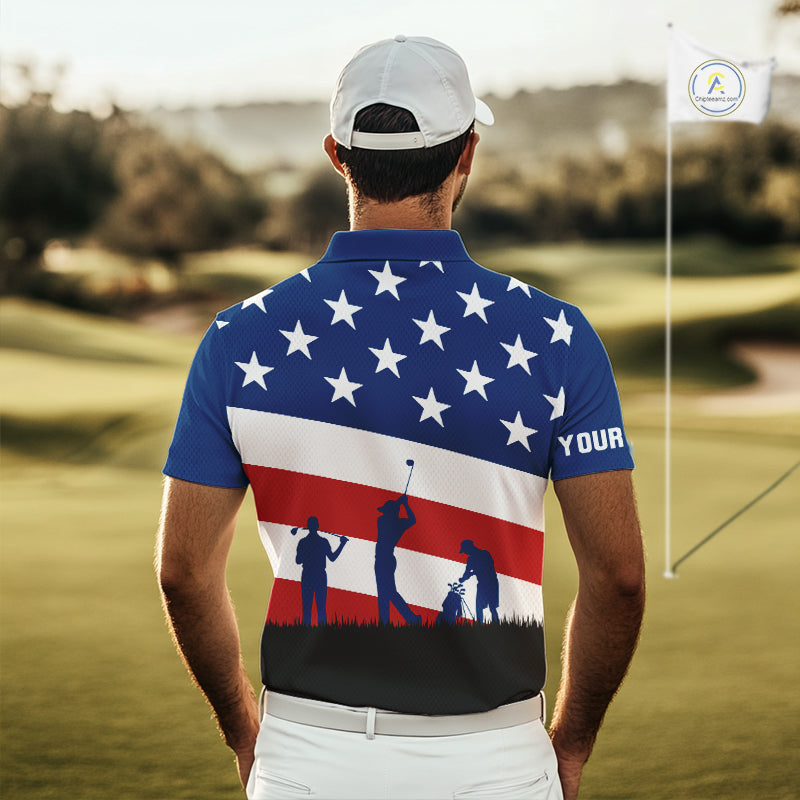 American Flag golf polo shirts for men Custom Red, White and Blue Patriotic mens golf attire NQS10230