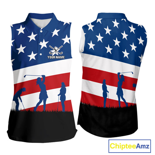 American Flag sleeveless golf polo shirt Custom Red, White and Blue Patriotic ladies golf attire NQS10230