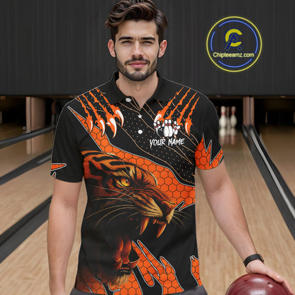 Personalized Tiger Bowling Team Men Polo, Quarter Zip Shirts, Black And Orange Tiger Bowling Jerseys NQS10398