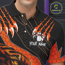 Load image into Gallery viewer, Personalized Tiger Bowling Team Men Polo, Quarter Zip Shirts, Black And Orange Tiger Bowling Jerseys NQS10398