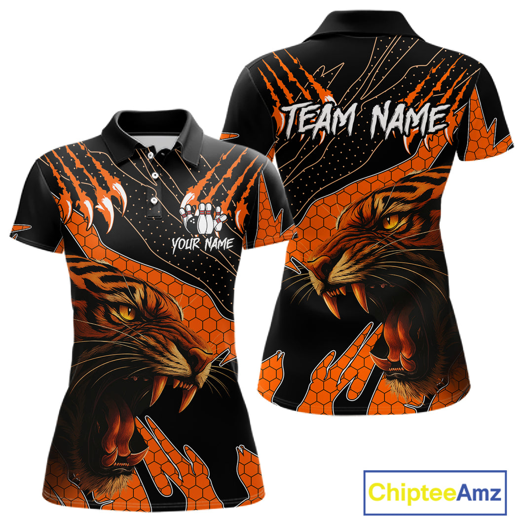 Personalized Tiger Bowling Team Women Polo, Quarter Zip Shirt, Black And Orange Tiger Bowling Jerseys NQS10398