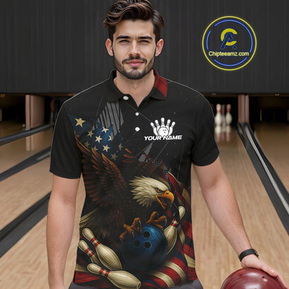 American Flag Eagle Black Bowling Shirts For Men Custom Patriotic Bowling Team Jersey gift for Bowler NQS10606
