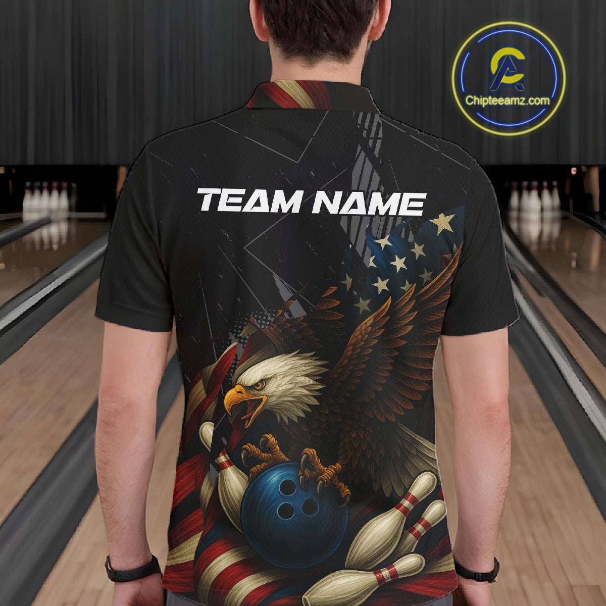 American Flag Eagle Black Bowling Shirts For Men Custom Patriotic Bowling Team Jersey gift for Bowler NQS10606