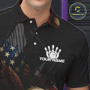 American Flag Eagle Black Bowling Shirts For Men Custom Patriotic Bowling Team Jersey gift for Bowler NQS10606