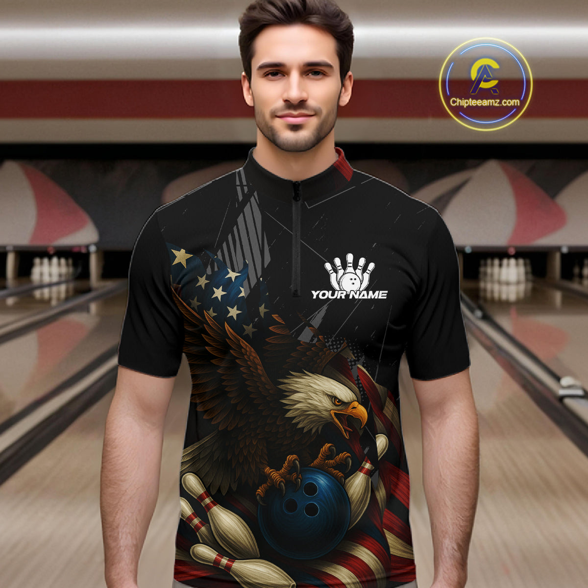 American Flag Eagle Black Bowling Shirts For Men Custom Patriotic Bowling Team Jersey gift for Bowler NQS10606