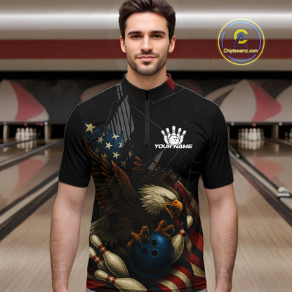 American Flag Eagle Black Bowling Shirts For Men Custom Patriotic Bowling Team Jersey gift for Bowler NQS10606