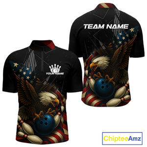 American Flag Eagle Black Bowling Shirts For Men Custom Patriotic Bowling Team Jersey gift for Bowler NQS10606