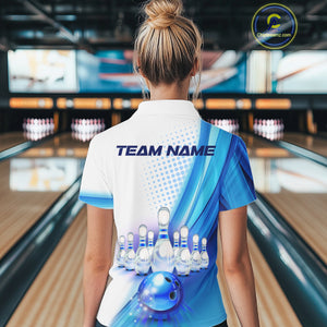Custom Blue and White Bowling Women's Polo, Quarter Zip Shirts, Bowlers Outfit NQS10607