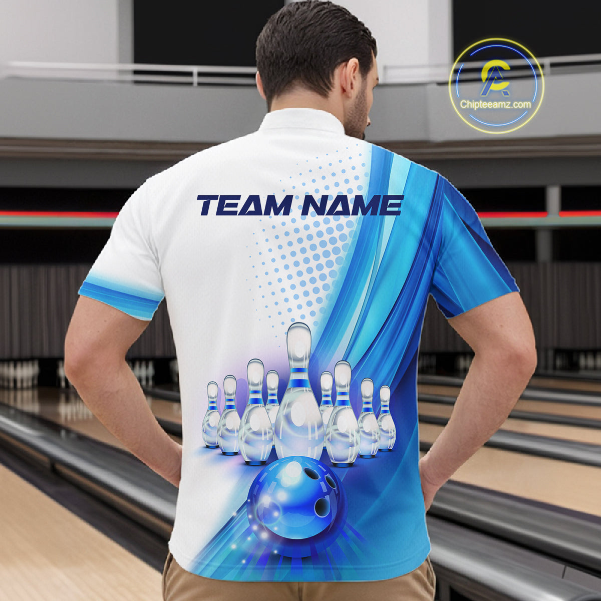 Custom Blue and White Bowling Mens Polo, Quarter Zip Shirts, Bowlers Outfit NQS10607
