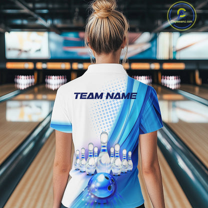 Custom Blue and White Bowling Women's Polo, Quarter Zip Shirts, Bowlers Outfit NQS10607