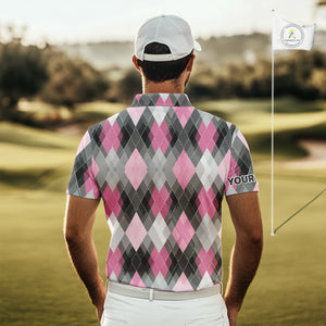 Pink argyle pattern Mens golf polo shirt custom best team golf shirts, golfing gifts NQS10407