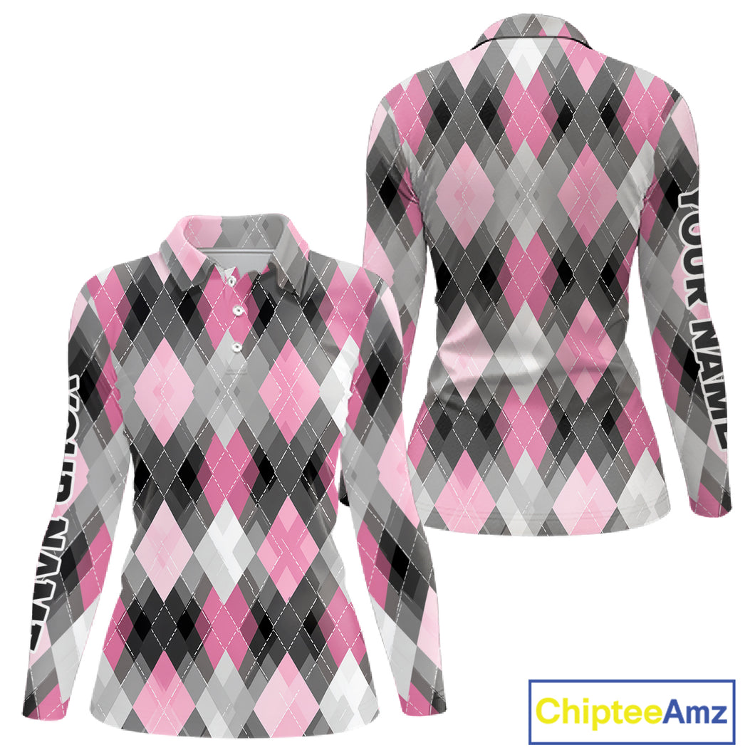 Pink argyle pattern Womens golf polo shirt custom best team golf shirts, golfing gifts NQS10407