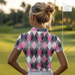 Pink argyle pattern Womens golf polo shirt custom best team golf shirts, golfing gifts NQS10407