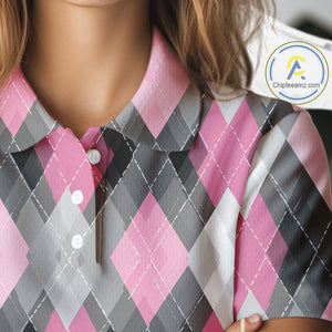 Pink argyle pattern Womens golf polo shirt custom best team golf shirts, golfing gifts NQS10407