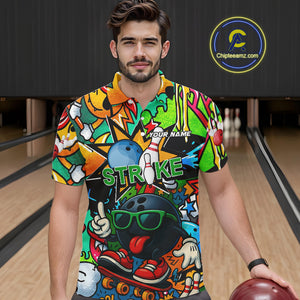 Custom Funny colorful pattern Bowling Team Polo, Quarter Zip Shirt For Men, Mens Bowling Jersey NQS10094