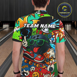 Custom Funny colorful pattern Bowling Team Polo, Quarter Zip Shirt For Men, Mens Bowling Jersey NQS10094