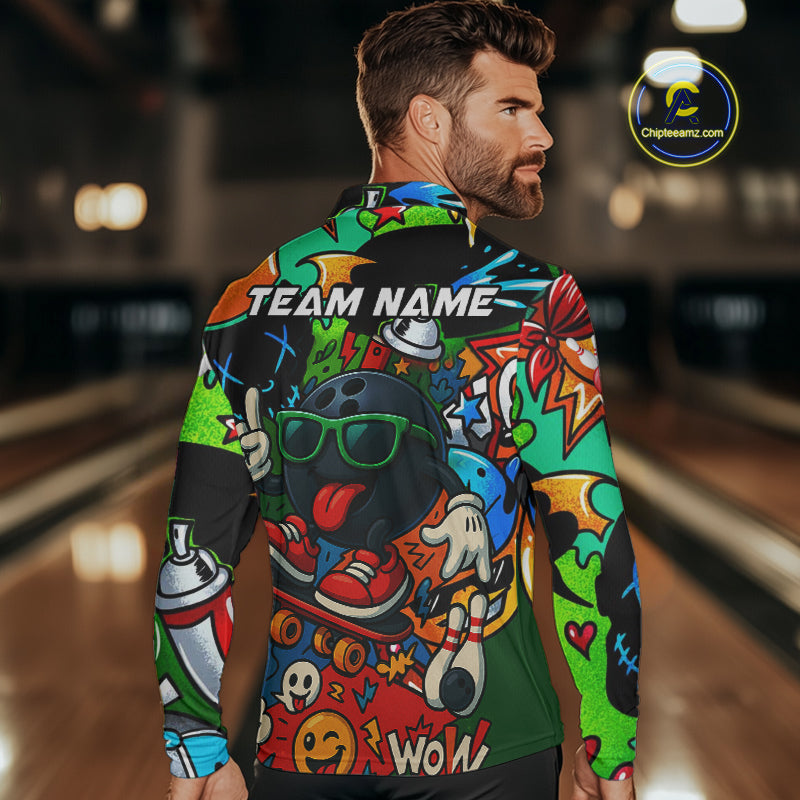 Custom Funny colorful pattern Bowling Team Polo, Quarter Zip Shirt For Men, Mens Bowling Jersey NQS10094
