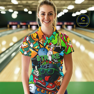 Custom Funny colorful pattern Bowling Team Polo, Quarter Zip Shirt For Women, Ladies Bowling Jersey NQS10094