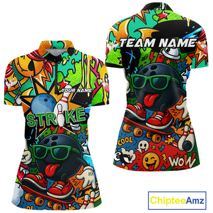 Custom Funny colorful pattern Bowling Team Polo, Quarter Zip Shirt For Women, Ladies Bowling Jersey NQS10094