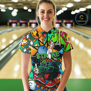 Custom Funny colorful pattern Bowling Team Polo, Quarter Zip Shirt For Women, Ladies Bowling Jersey NQS10094