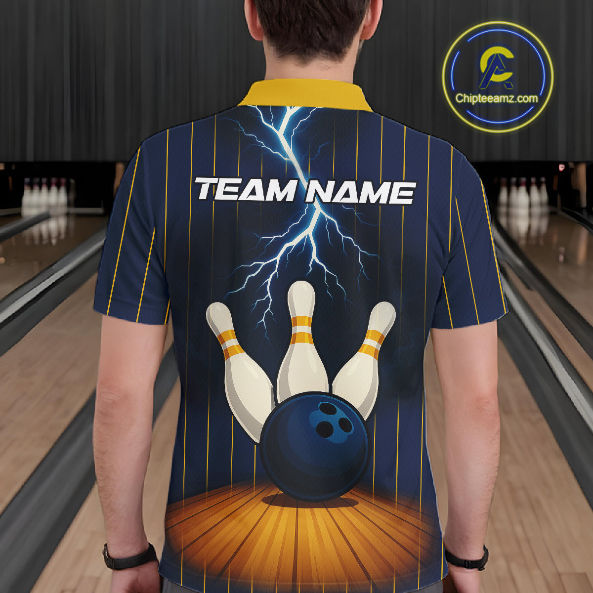 Custom Yellow and Blue Lightning Thunder Bowling Polo, 1/4 Zip Shirts For Men, Team Bowling Outfits NQS10620