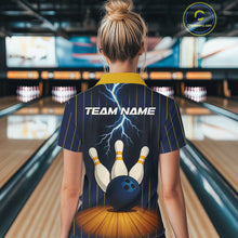 Load image into Gallery viewer, Custom Yellow and Blue Lightning Thunder Bowling Polo, 1/4 Zip Shirts For Women, Team Bowling Outfits NQS10620
