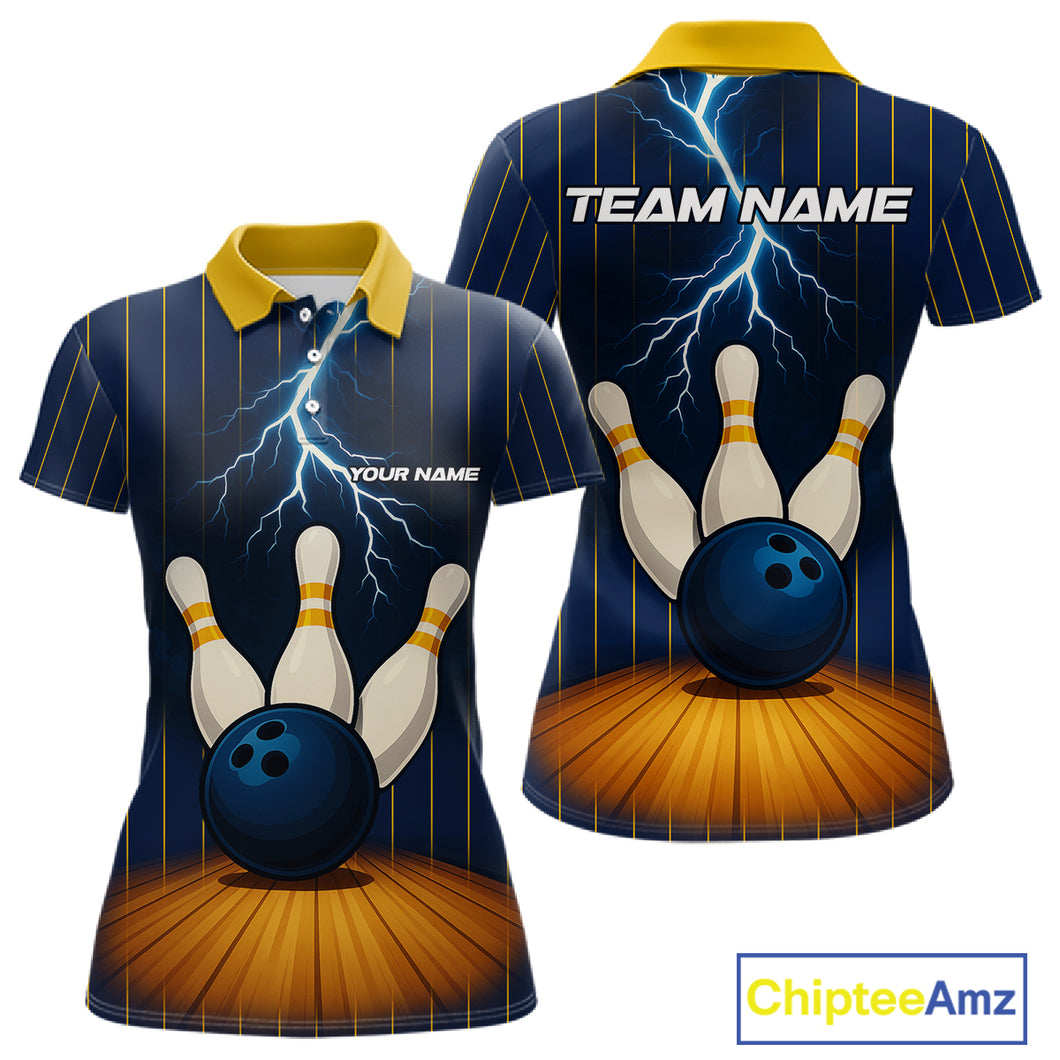 Custom Yellow and Blue Lightning Thunder Bowling Polo, 1/4 Zip Shirts For Women, Team Bowling Outfits NQS10620