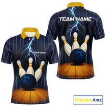 Load image into Gallery viewer, Custom Yellow and Blue Lightning Thunder Bowling Polo, 1/4 Zip Shirts For Men, Team Bowling Outfits NQS10620