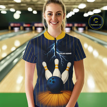 Load image into Gallery viewer, Custom Yellow and Blue Lightning Thunder Bowling Polo, 1/4 Zip Shirts For Women, Team Bowling Outfits NQS10620