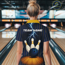 Load image into Gallery viewer, Custom Yellow and Blue Lightning Thunder Bowling Polo, 1/4 Zip Shirts For Women, Team Bowling Outfits NQS10620