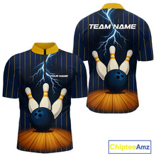 Load image into Gallery viewer, Custom Yellow and Blue Lightning Thunder Bowling Polo, 1/4 Zip Shirts For Men, Team Bowling Outfits NQS10620