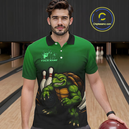 Custom Green Turtle Bowling Polo, Quarter Zip shirts For Men, Bowling tournament Team Jerseys NQS10624