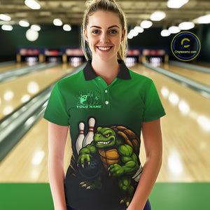 Custom Green Turtle Bowling Polo, Quarter Zip shirts For Women, Bowling tournament Team Jerseys NQS10624