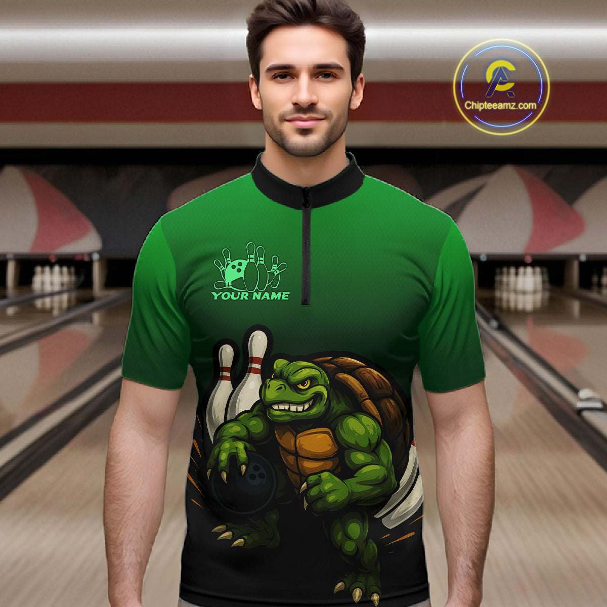 Custom Green Turtle Bowling Polo, Quarter Zip shirts For Men, Bowling tournament Team Jerseys NQS10624