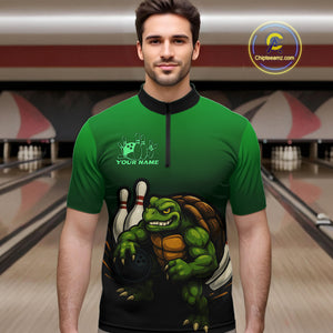Custom Green Turtle Bowling Polo, Quarter Zip shirts For Men, Bowling tournament Team Jerseys NQS10624