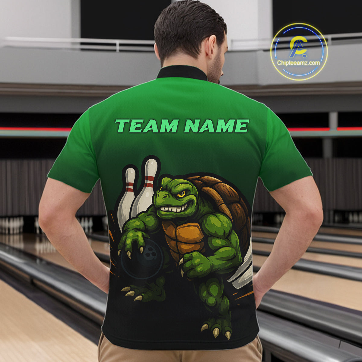 Custom Green Turtle Bowling Polo, Quarter Zip shirts For Men, Bowling tournament Team Jerseys NQS10624