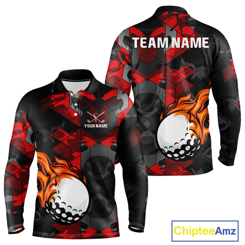Black and Red Camo Flame Golf Ball Custom Men golf polo shirt, personalized golf top for men NQS10100
