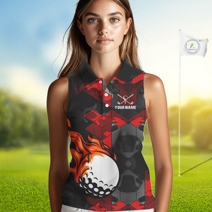 Black and Red Camo Flame Golf Ball Custom Womens Sleeveless polo shirts, golf top for ladies NQS10100