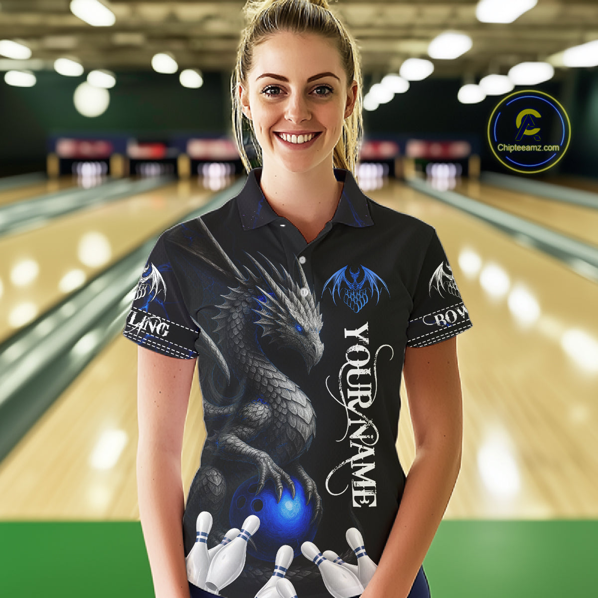 Black And Blue Dragon Bowling Polo, 1/4 Zip Shirt For Women Custom Dragon Bowling Team League Jersey NQS10628