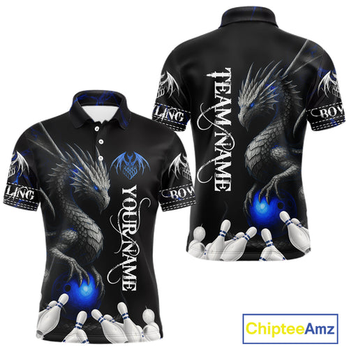 Black And Blue Dragon Bowling Polo, 1/4 Zip Shirt For Men Custom Dragon Bowling Team League Jersey NQS10628