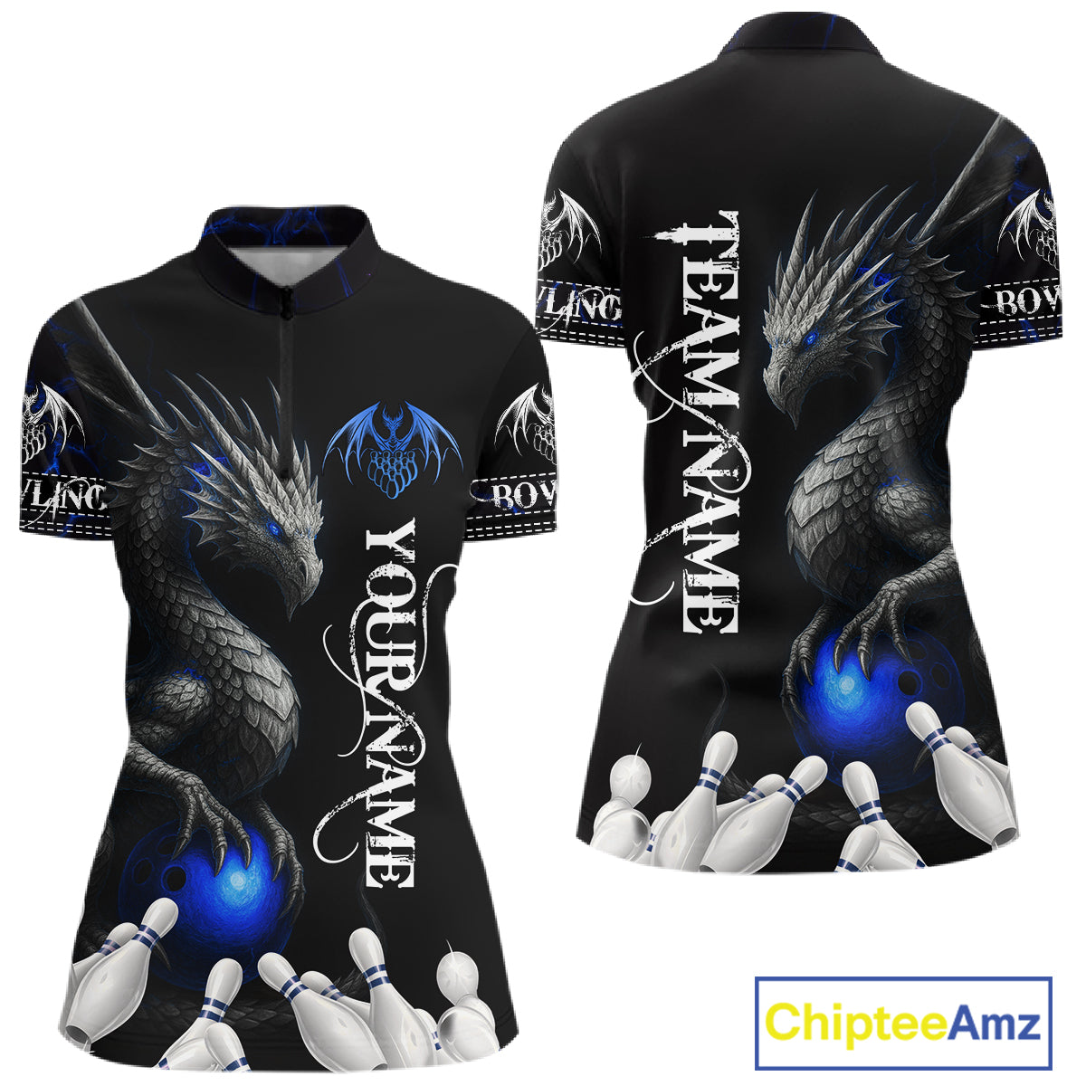 Black And Blue Dragon Bowling Polo, 1/4 Zip Shirt For Women Custom Dragon Bowling Team League Jersey NQS10628