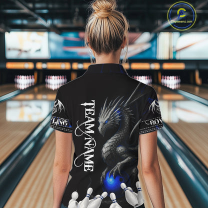 Black And Blue Dragon Bowling Polo, 1/4 Zip Shirt For Women Custom Dragon Bowling Team League Jersey NQS10628