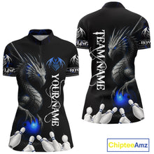 Load image into Gallery viewer, Black And Blue Dragon Bowling Polo, 1/4 Zip Shirt For Women Custom Dragon Bowling Team League Jersey NQS10628