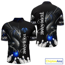 Load image into Gallery viewer, Black And Blue Dragon Bowling Polo, 1/4 Zip Shirt For Men Custom Dragon Bowling Team League Jersey NQS10628