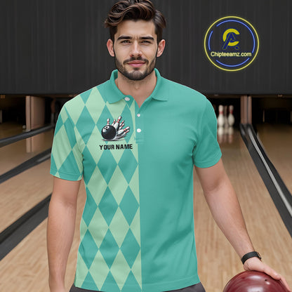 Turquoise argyle pattern Bowling Polo, Quarter Zip Shirt For Men Custom Team Bowling Jerseys NQS10107