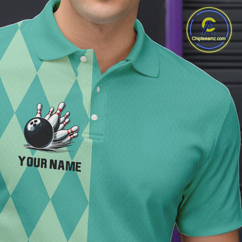 Turquoise argyle pattern Bowling Polo, Quarter Zip Shirt For Men Custom Team Bowling Jerseys NQS10107