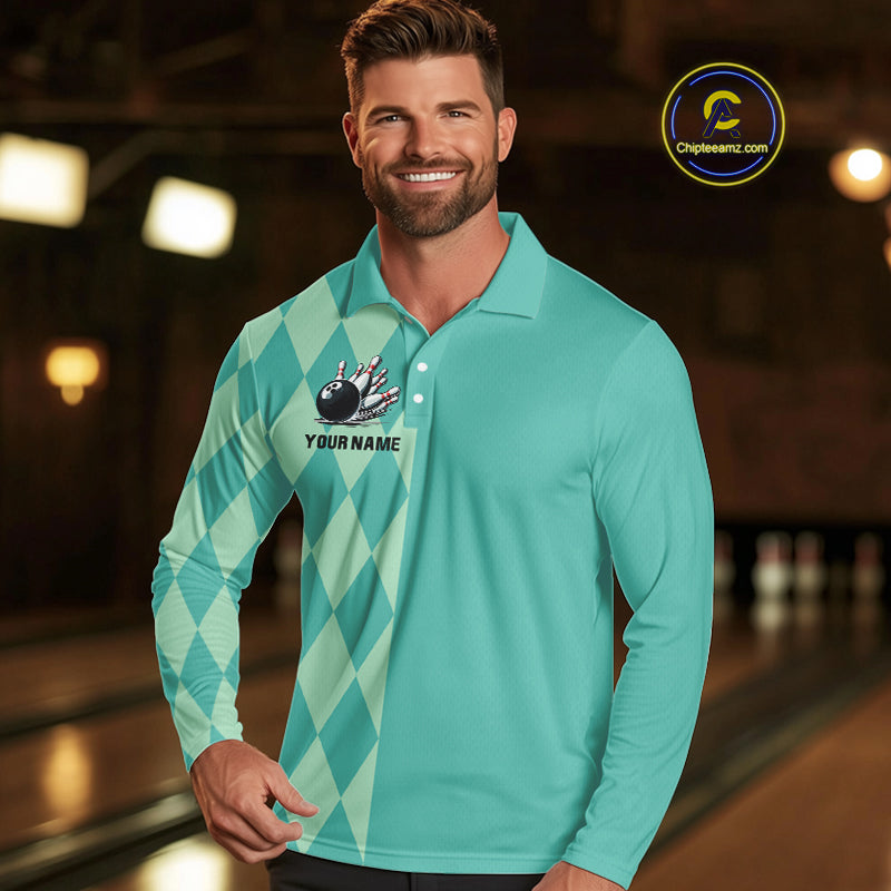 Turquoise argyle pattern Bowling Polo, Quarter Zip Shirt For Men Custom Team Bowling Jerseys NQS10107